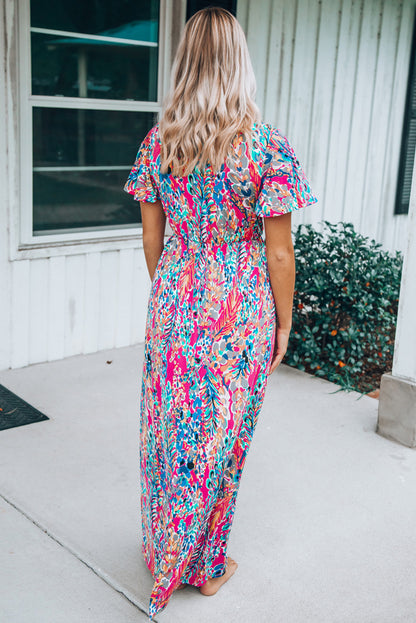 Abstract Print Wrap V Neck Flutter Sleeve Mid Length Summer Dress