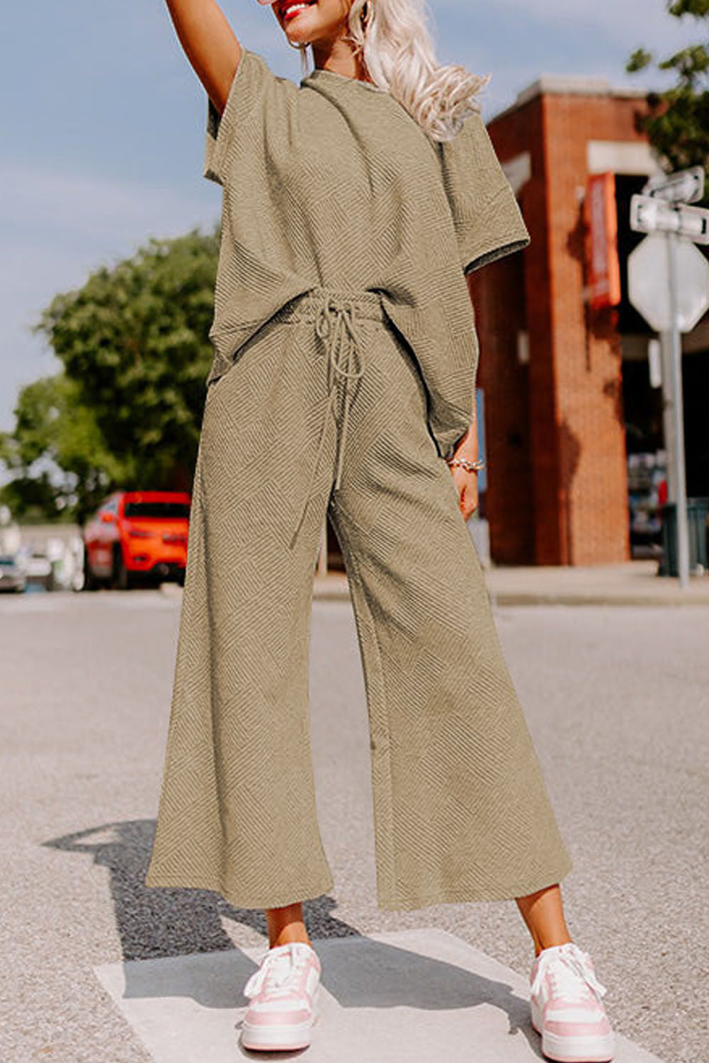 Gray Textured Loose Fit T Shirt & Drawstring Pants Set