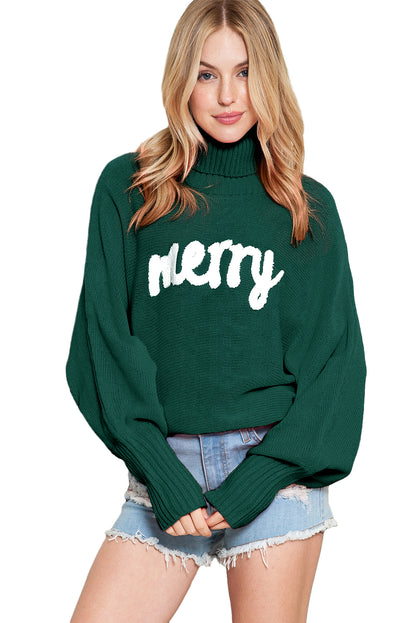 Turtle Neck Batwing Sleeve Merry Christmas Sweater