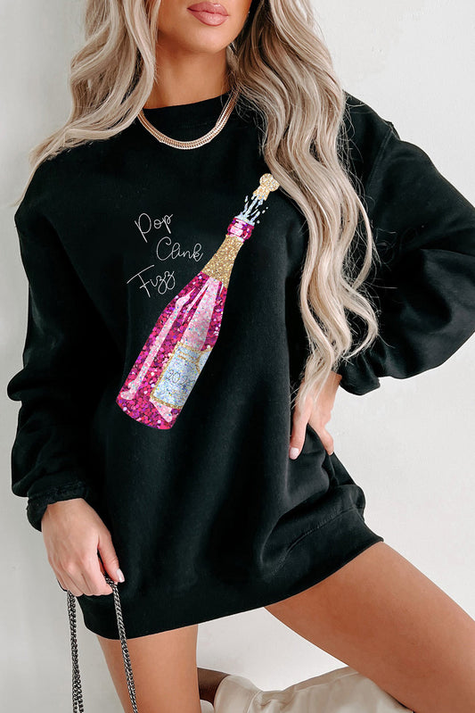 Black New Year Champagne Print Graphic Pullover Sweatshirt
