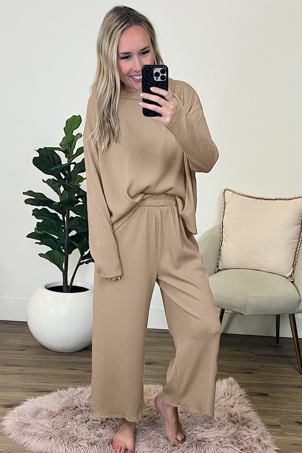 Smoke Gray Loose Fit Textured Pullover And Pants Set
