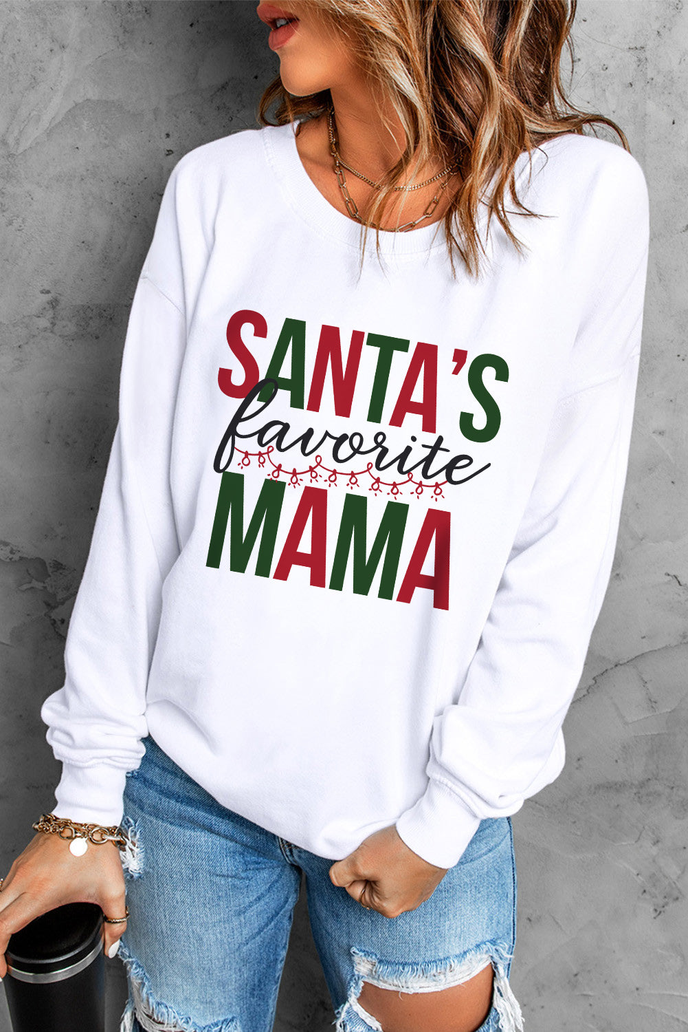 White Santas Favorite Mama Letter Print Graphic Sweatshirt