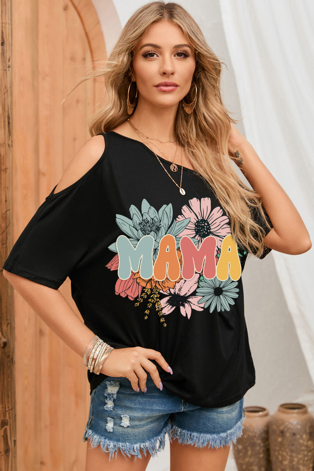 Black Casual MAMA Flower Graphic Asymmetric Neck T Shirt