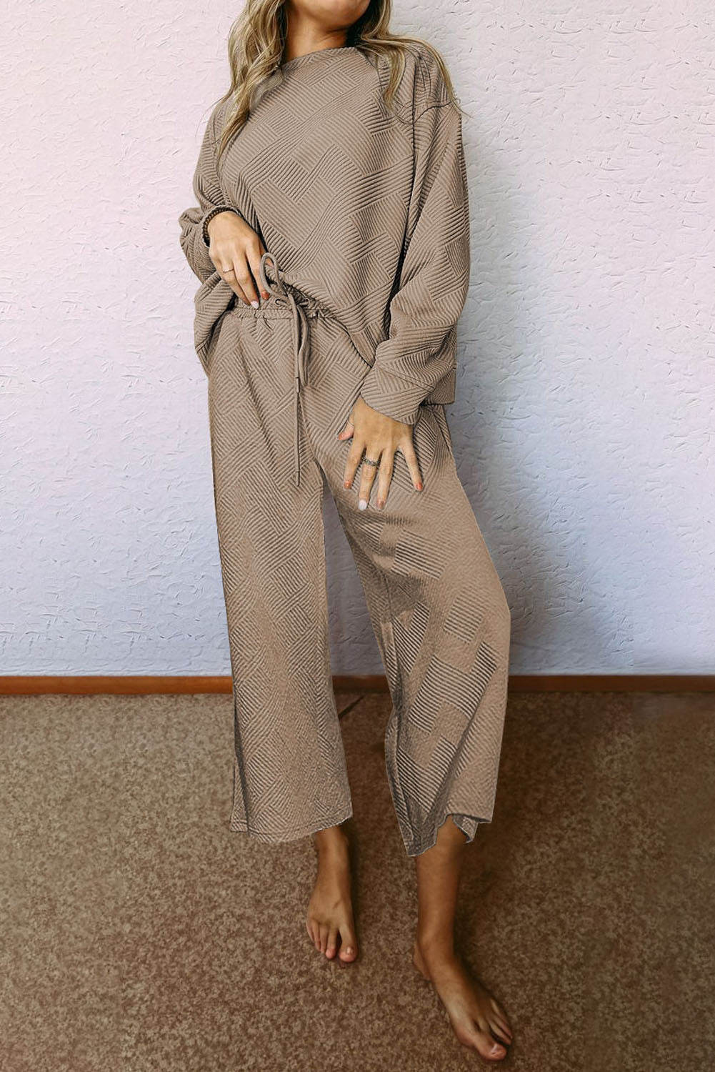 White Textured Loose Slouchy Long Sleeve Top and Pants Set