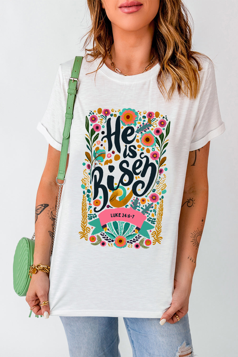 White He Is Risen Floral Graphic Round Neck T Shirt