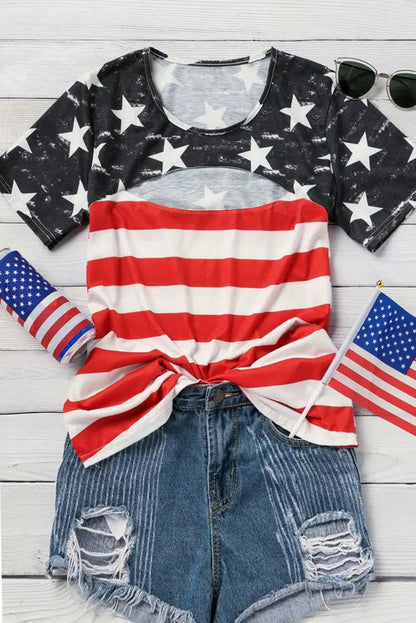 American Flag Cut Out Short Sleeve Crew Neck T Shirt