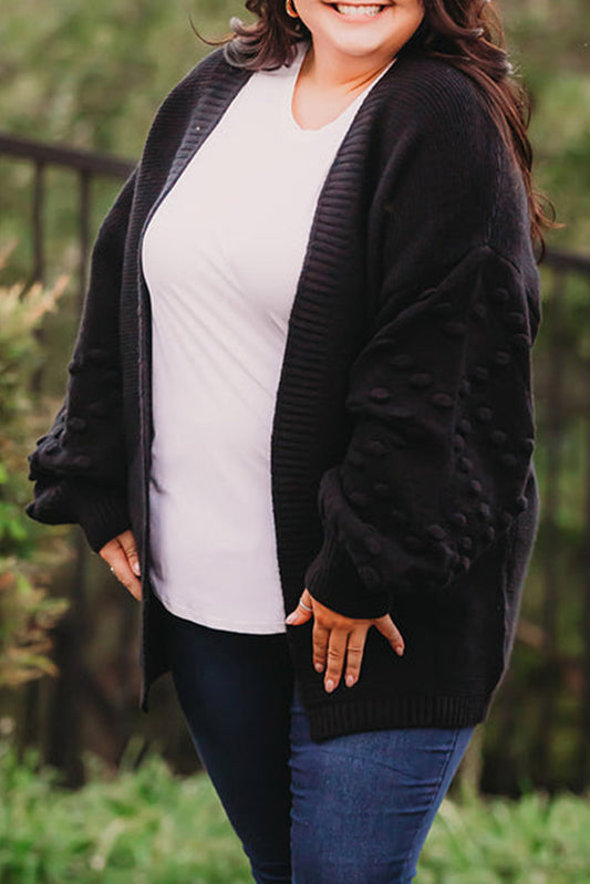 Black Pom Pom Detail Open Front Plus Size Cardigan