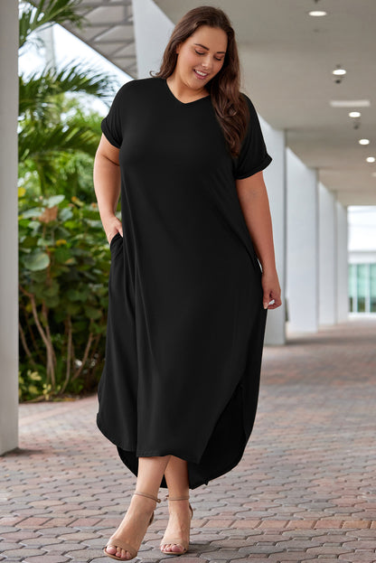 V Neck Rolled Cuffs Plus Size Maxi Dress