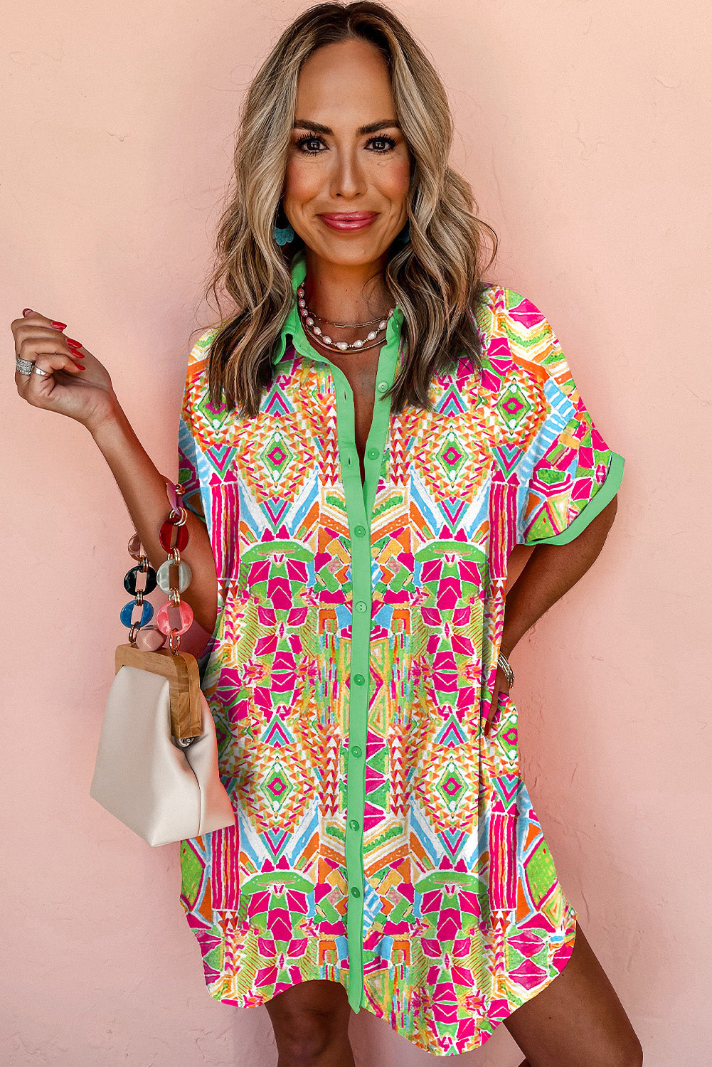 Geometric Print Contrast Trim Short Sleeve Shirt Dress