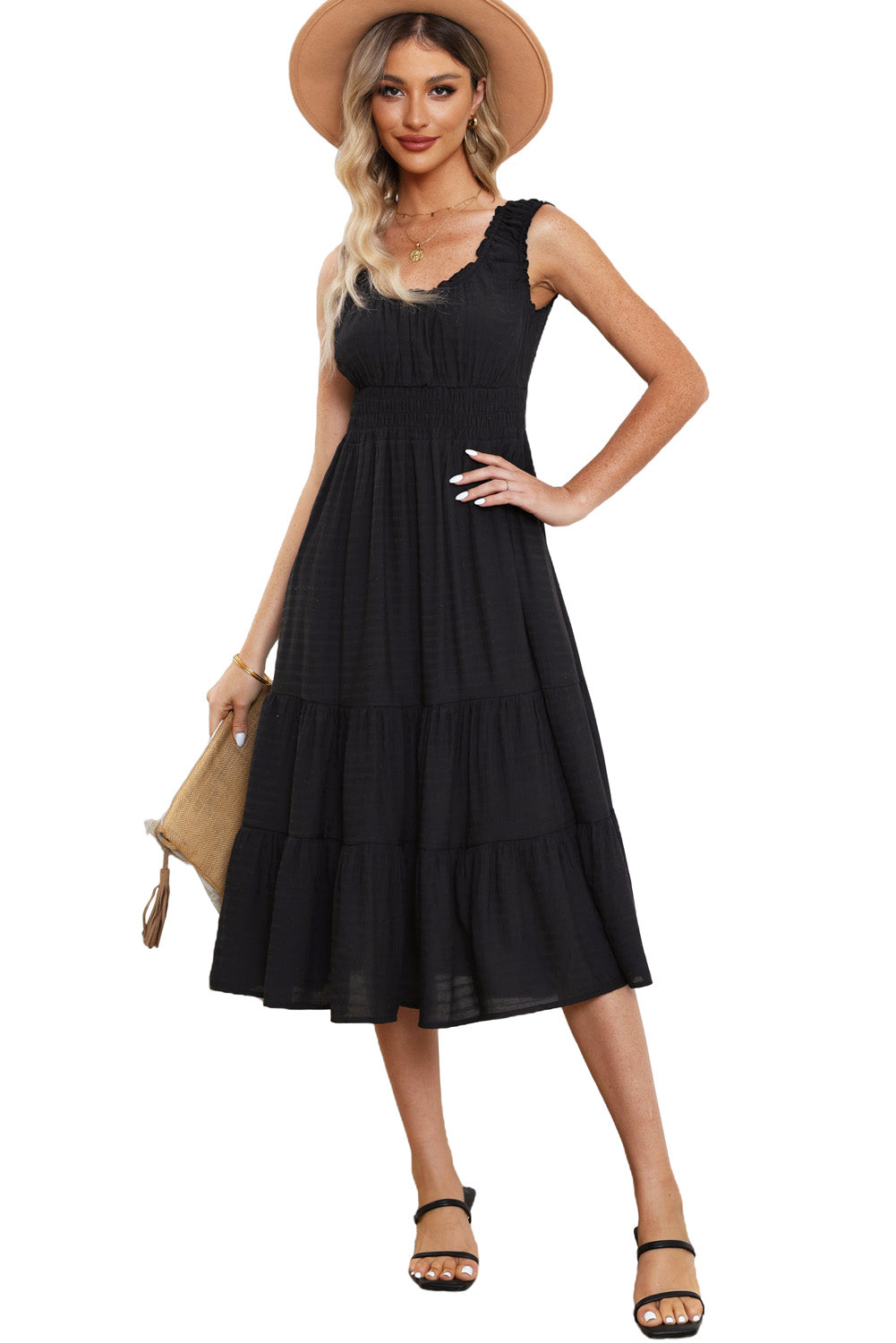 U-Neck Sleeveless Ruched Tiered Ruffled Midi Dress