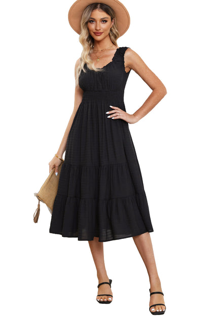 U-Neck Sleeveless Ruched Tiered Ruffled Midi Dress