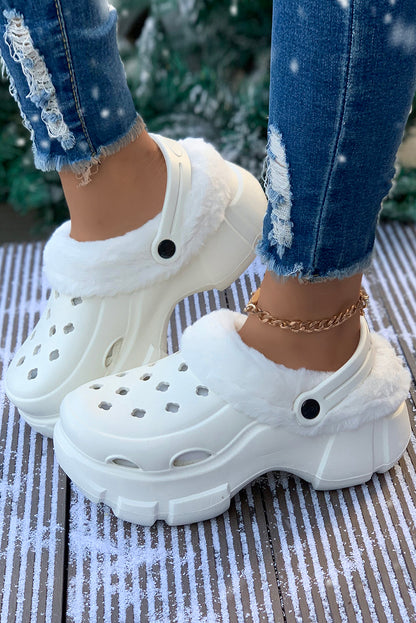 White Plush Lining Winter Hollowed Thick Sole Clogs