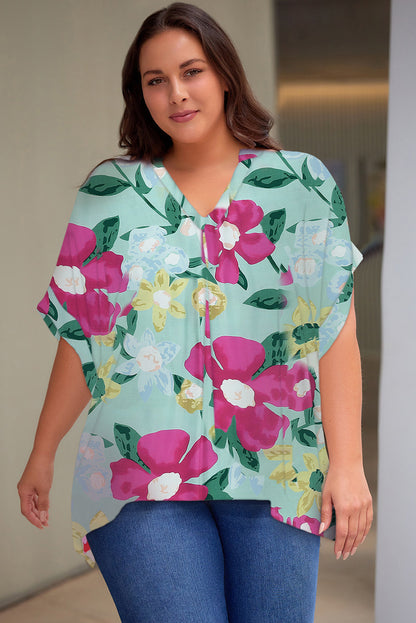 Multicolor Floral Print V Neck Half Sleeve Plus Size Blouse