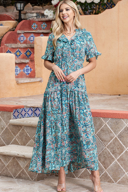 Paisley Print Split V Neck Tiered Boho Maxi Dress