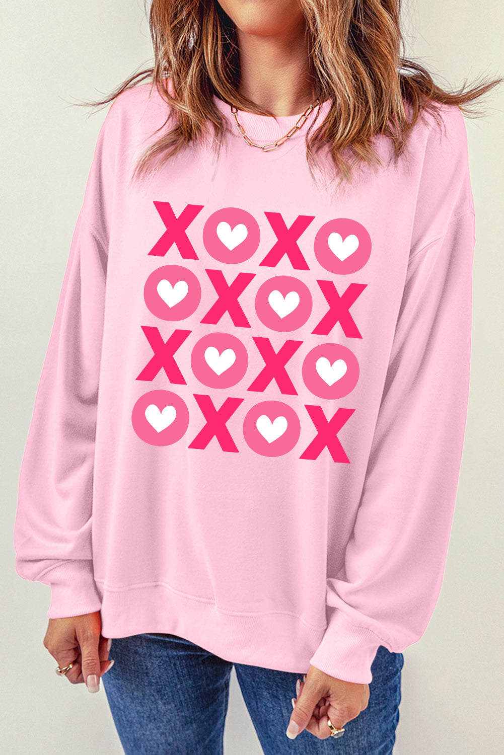 Pink XOXO Heart Graphic Crewneck Drop Shoulder Sweatshirt