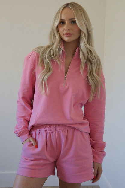 Pink Solid Color Zip Neck Sweatshirt and Shorts Set