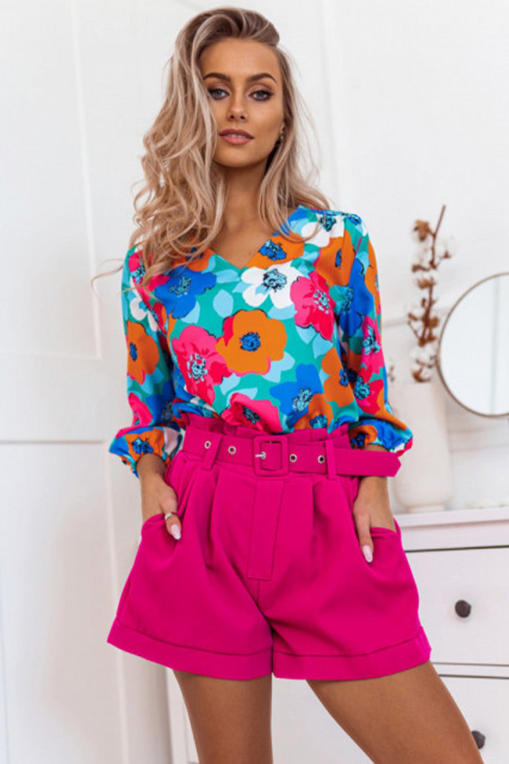 Multicolor Floral Print Casual V Neck Blouse