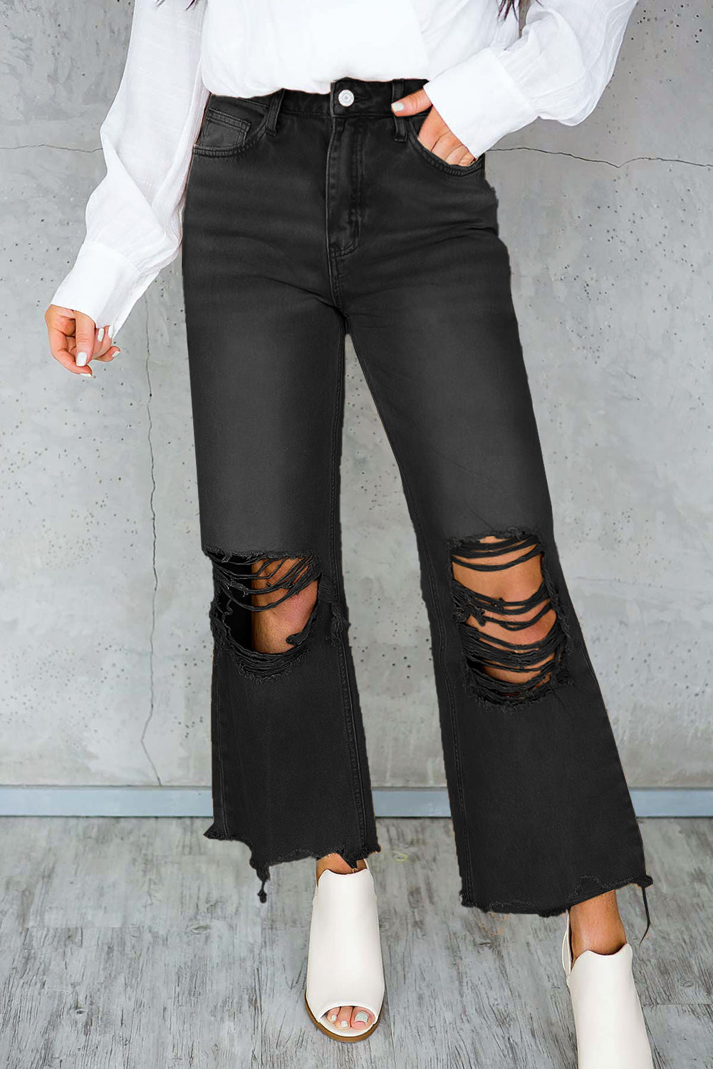 Distressed Hollow Out High Waist Flare Jeans