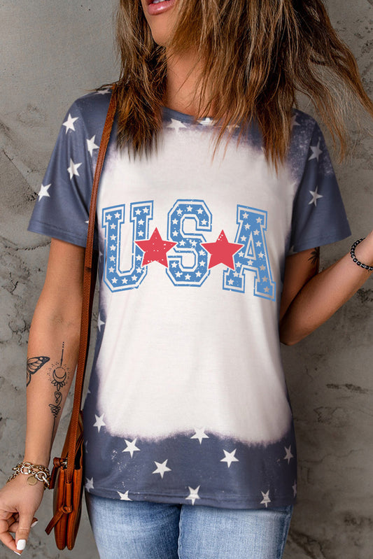 Blue USA Stars Graphic Tie Dye Crew Neck T Shirt