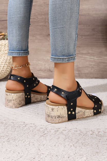 Black Rivet Hollow Out Leather Wedge Sandals