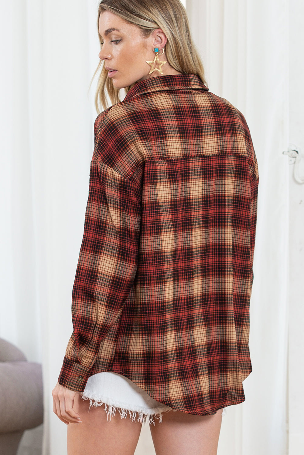 Fiery Red Plaid Print Chest Pocket Zip Up Shirt