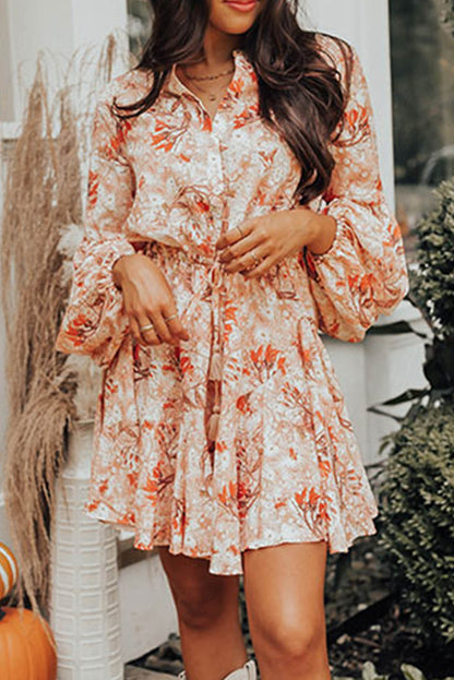 Floral Print Bubble Sleeve Cinched Waist Dress