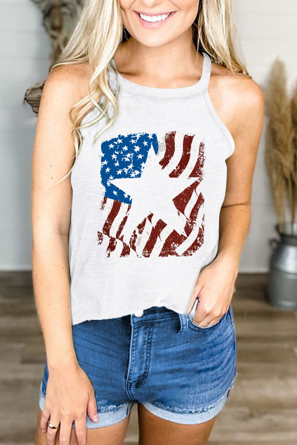 White Star American Flag Printed Graphic Tank Top