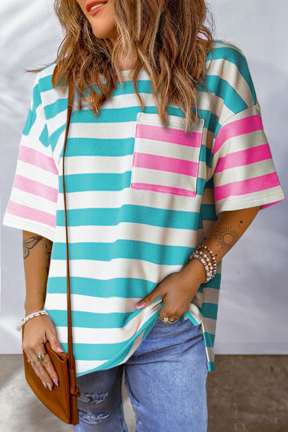 Pink Stripe Patch Pocket Drop Sleeve Slits T Shirt