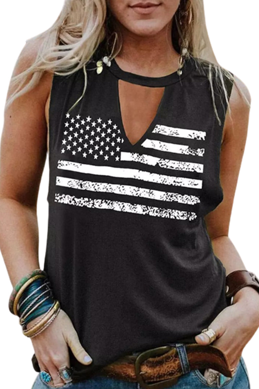 Casual Keyhole Neck Flag Print Tank Top