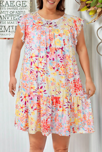 Multicolor Floral Print Ruffled Short Sleeve Plus Size Dress