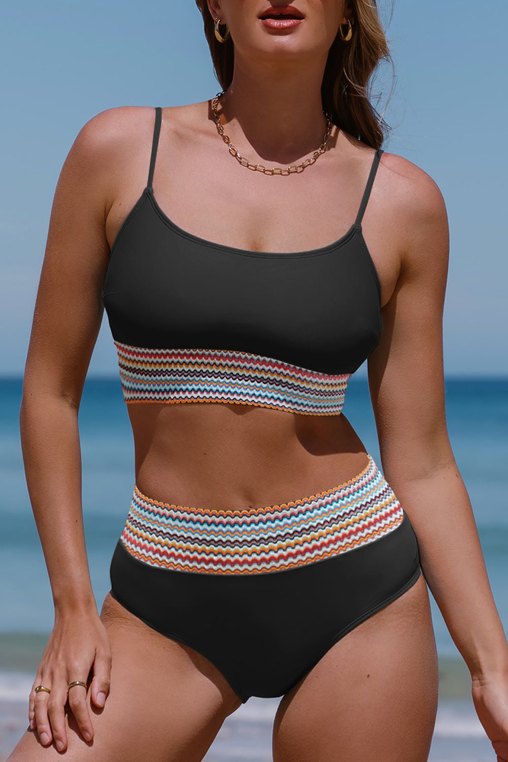 Bikini Set Black Striped Patchwork Spaghetti Strap High Waist