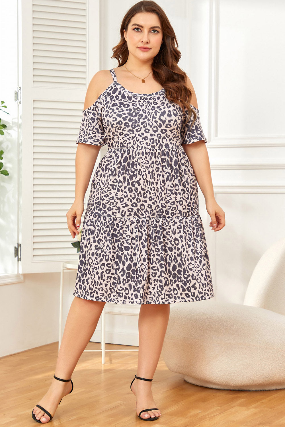 Cold Shoulder Flare Tiered Plus Size Midi Dress