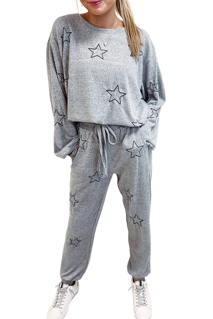 Gray Stars Print Long Sleeve Top and Drawstring Pants Set