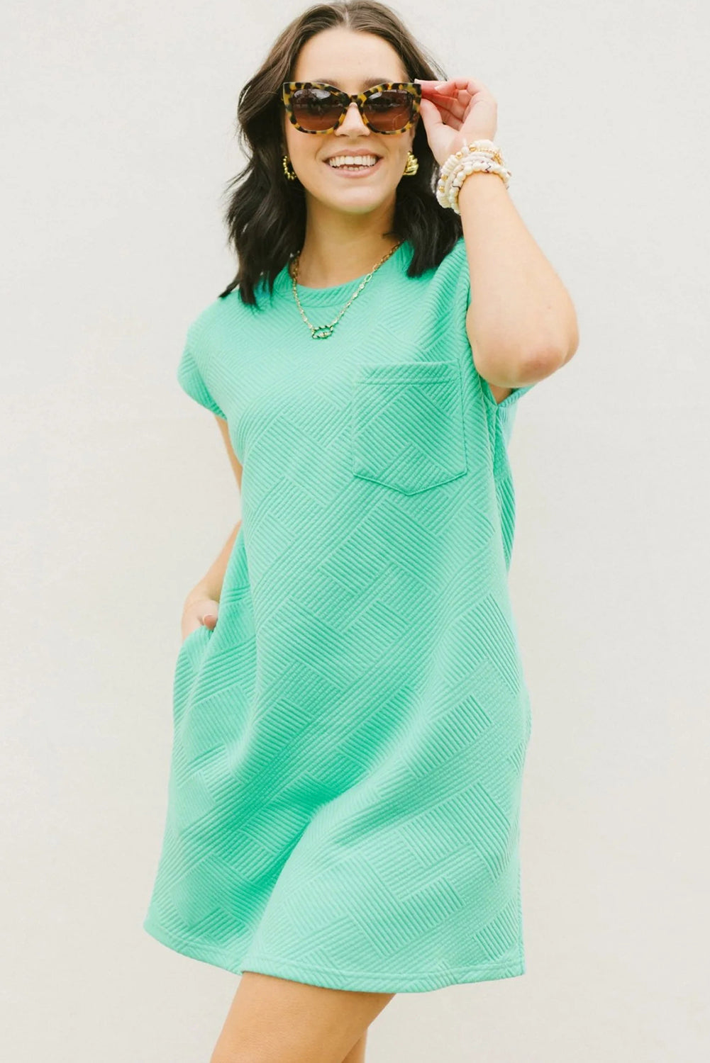 Mint Green Plain Textured Pocketed Mini Dress