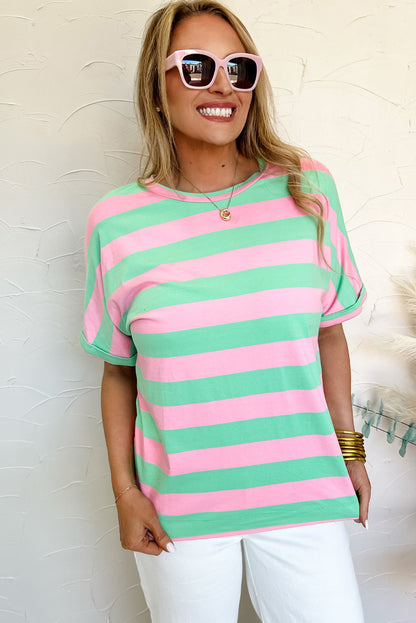 Pink Stripe Colorblock Cuffed Sleeve Loose Tee