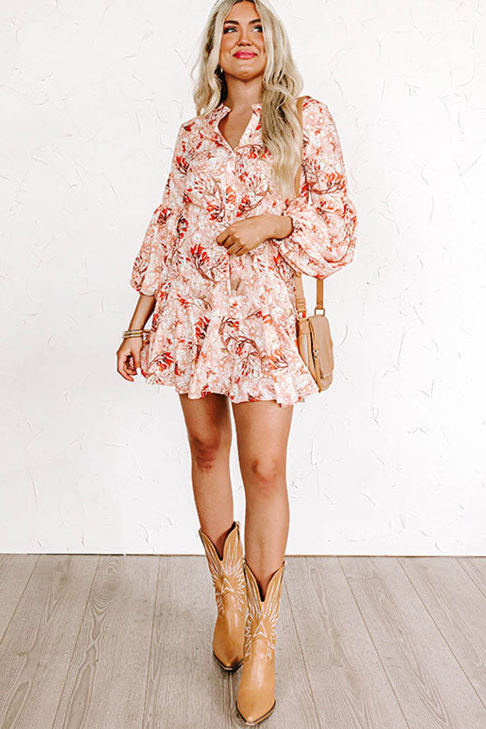 Floral Print Bubble Sleeve Cinched Waist Dress