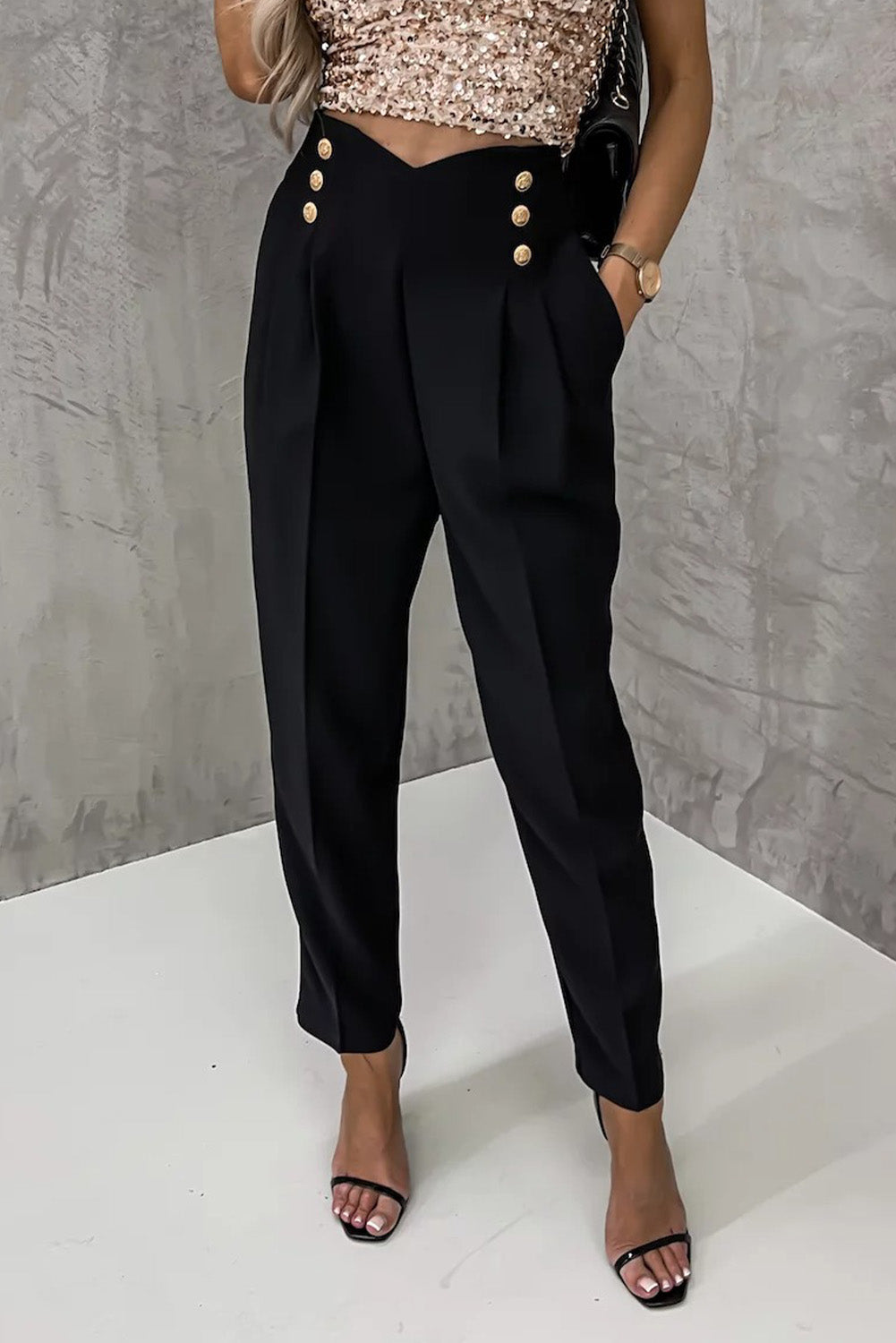 Black Double Breasted Pleated Casual Cropped Pants