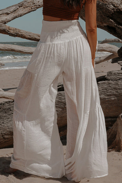 White Smocked Sash High Waist Crinkled Wide Leg Pants