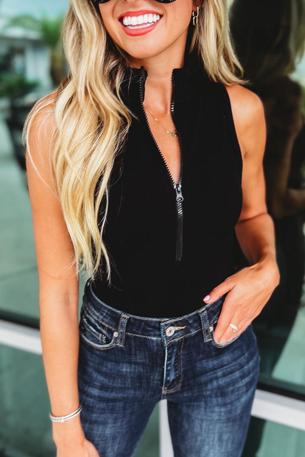 Black Zip Up Mock Neck Ribbed Sleeveless Bodysuit