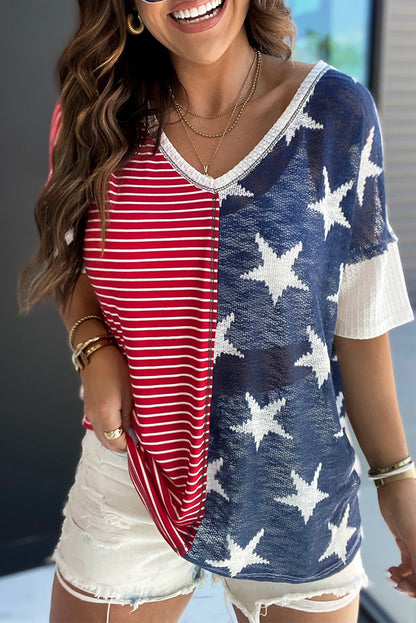 Multicolor Stripes Stars Print Knit Short Sleeve Top