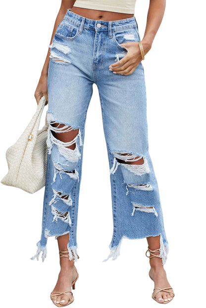 Blue Destroyed Raw Hem Wide Leg Jeans