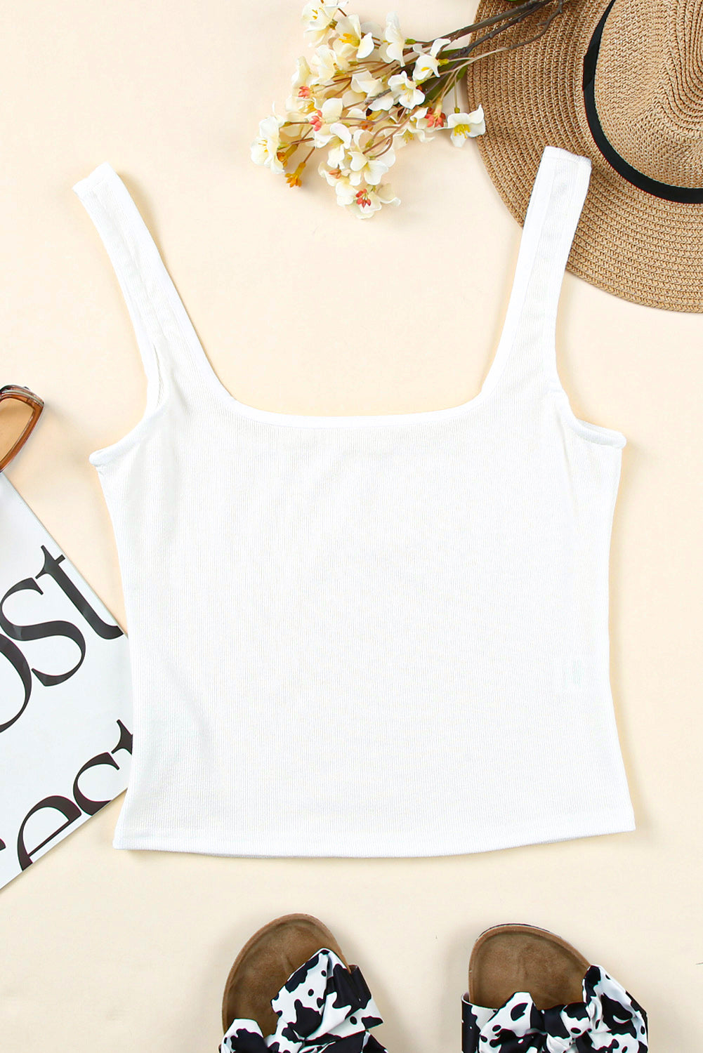 Plain White Slim Fit Square Neck Cropped Tank Top