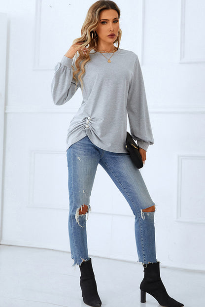 Light Grey Solid Color Ruched Decor Long Sleeve Top