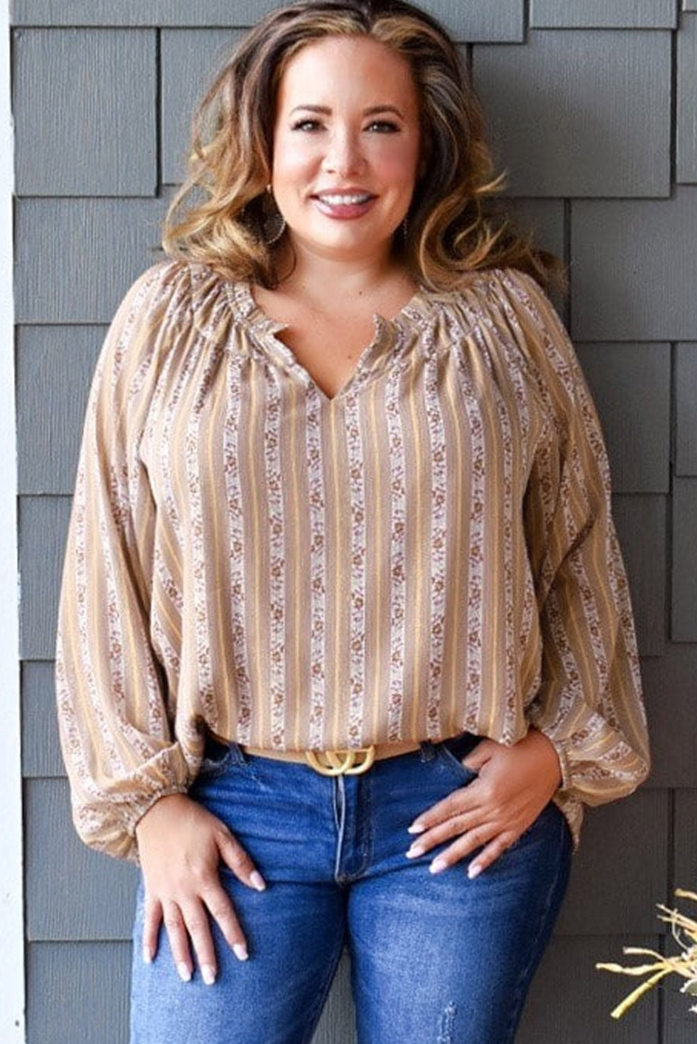 Pink Plus Size Floral Striped Puff Sleeve Split Neck Blouse