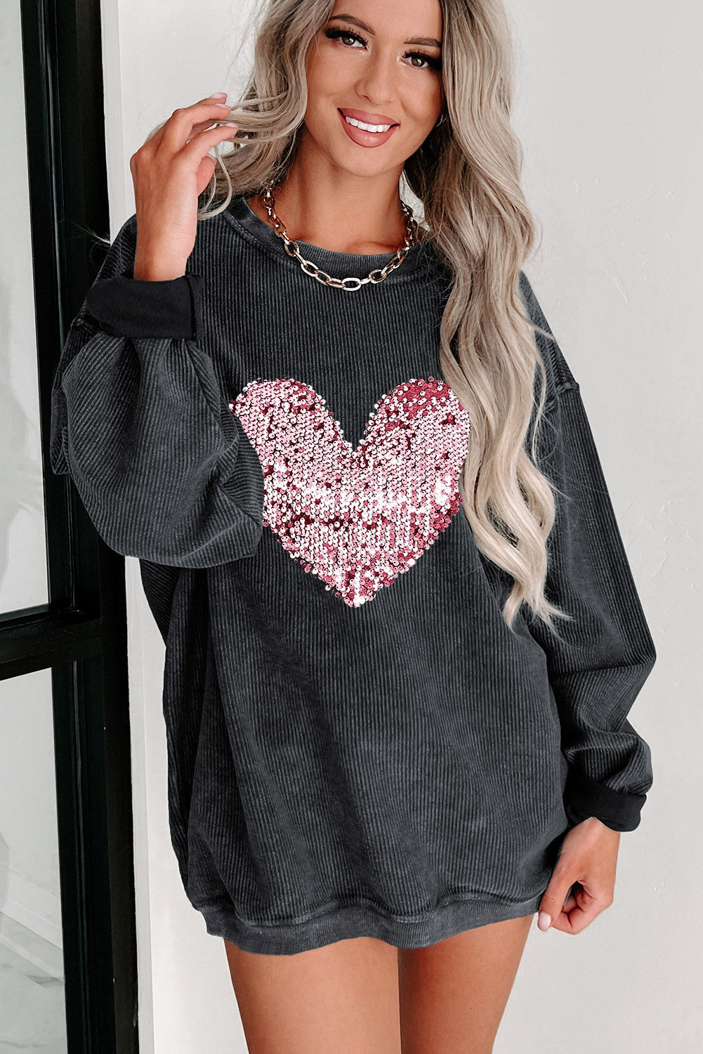 Black Corded Sequin Heart Graphic Crewneck Sweatshirt