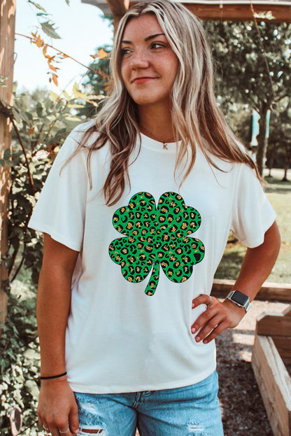 White Leopard Four Leaf Clover Graphic Round Neck Tee