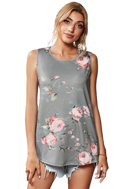 Floral Print Round Neck Casual Grey Tank Top