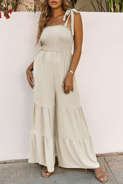 Green Tie Straps Shirred Casual Tiered Wide Leg Jumpsuit