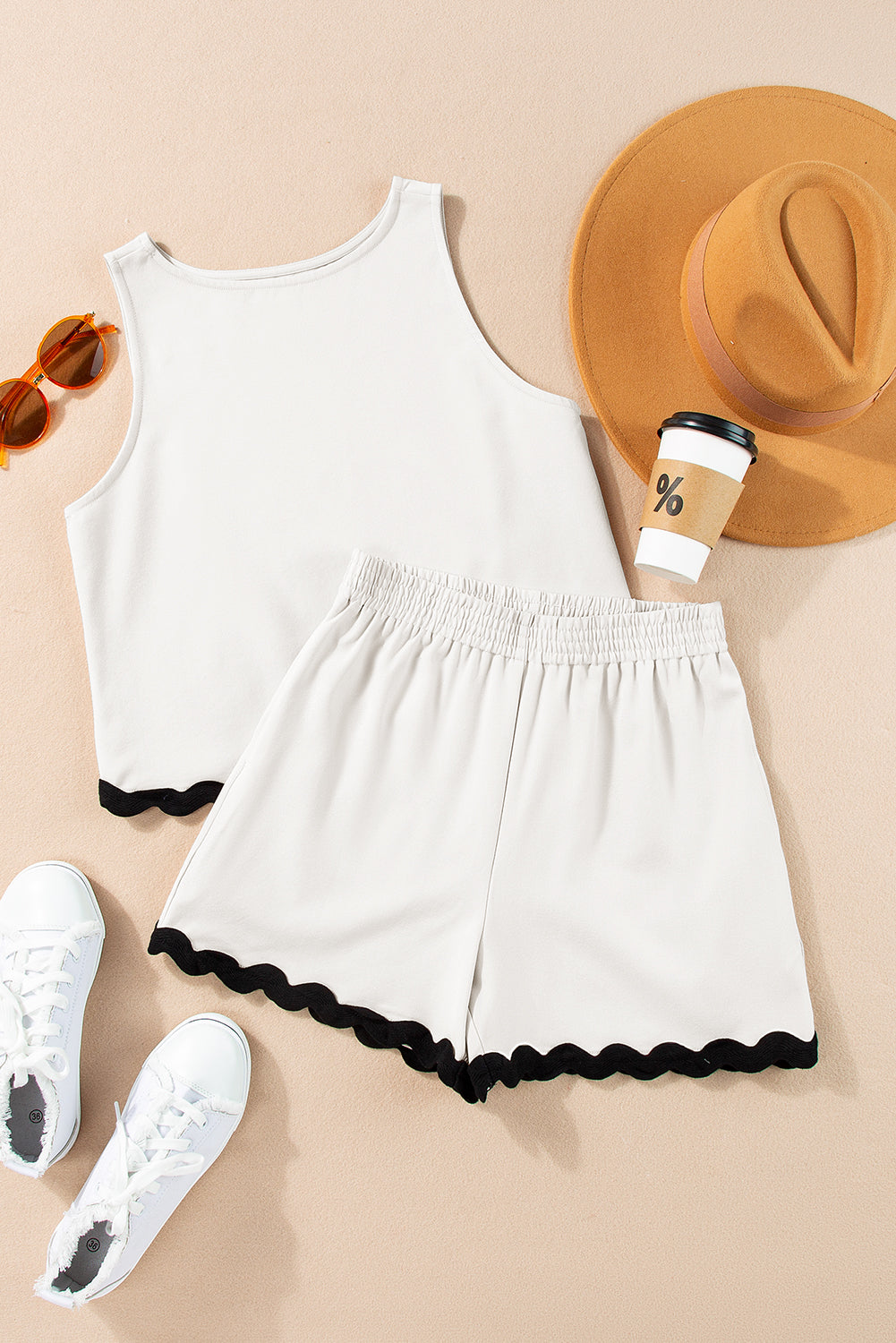 White Ricrac Applique Sleeveless Top and Pocketed Shorts Set