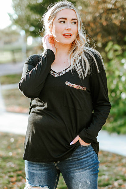 Long Sleeve Sequined V Neck Plus Size Top